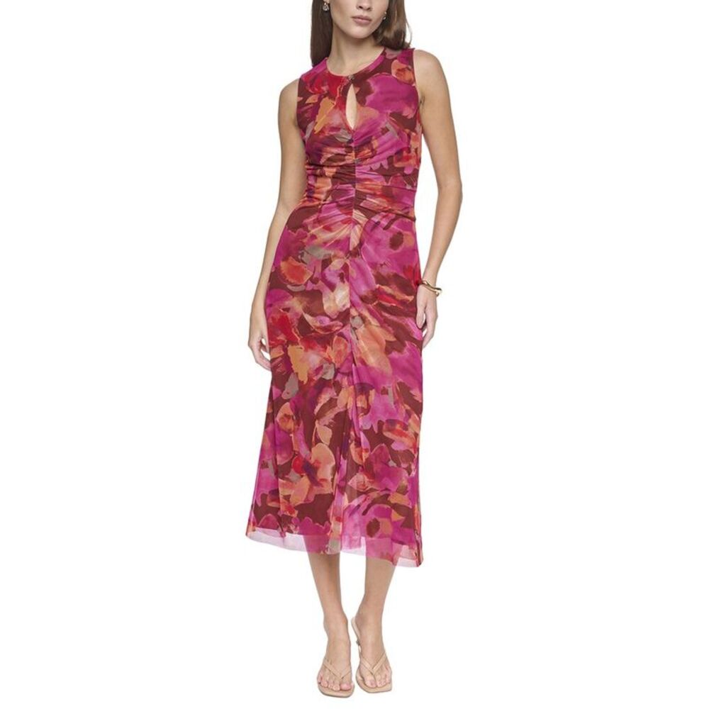 Halston Womens  Mesh Printed Midi Dress